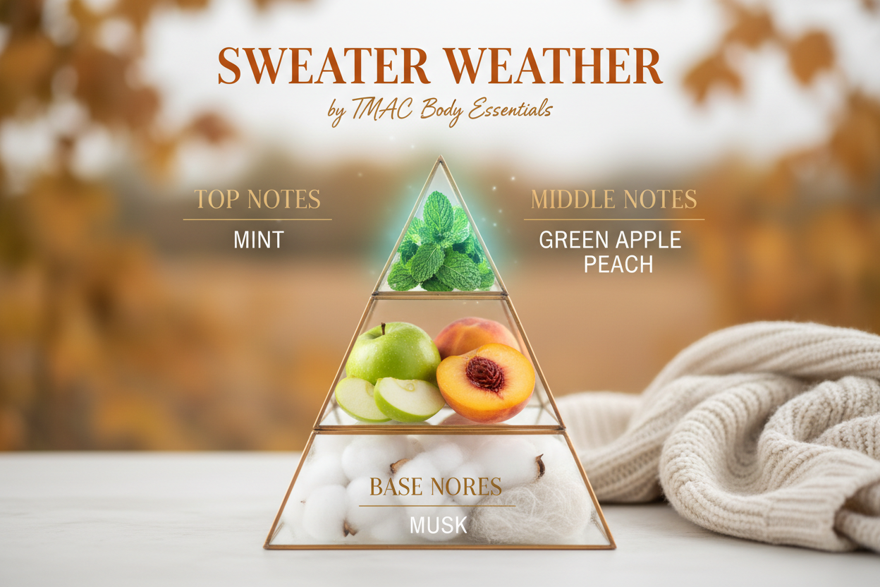 create-a-high-resolution-fragrance-pyramid-visual-for-tmac-body-essentials-sweater-weather-top-notes-mint-fresh-cooling-middle-notes-green-apple-peach-juicy-fruity-base-notes-musk-list the notes. The name is called Sweater weather